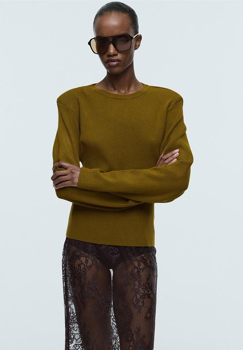 H&M - Rib-knit shoulder-pad top - olive green