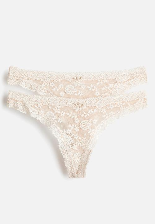 H&M - 2-Pack lace thong briefs - light beige/white