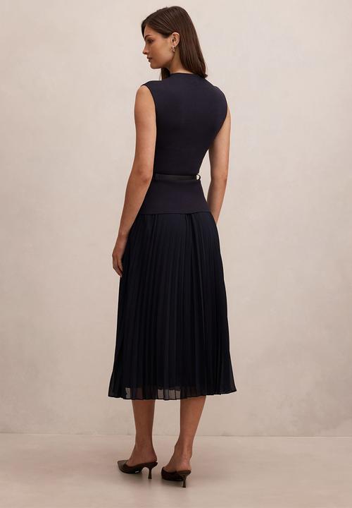 Forever New - Lorelei woven mixed midi dress in navy