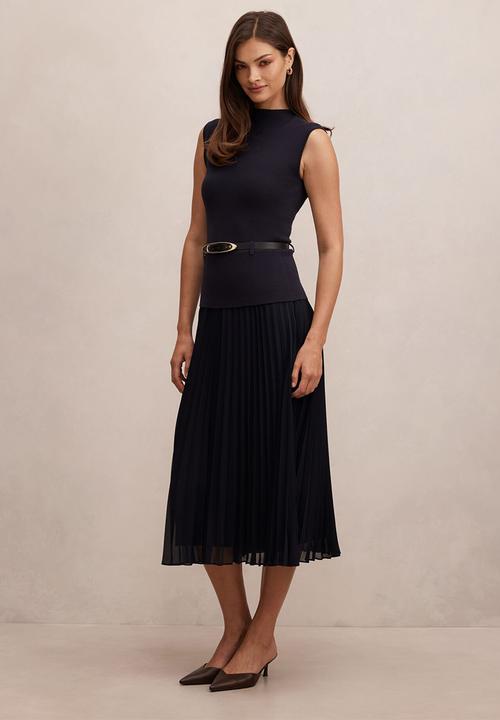 Forever New - Lorelei woven mixed midi dress in navy
