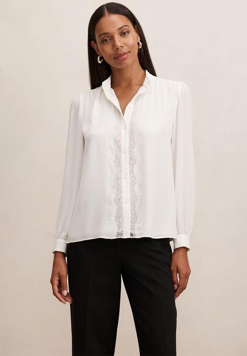 【pois】blouse tee Ladder Lace Bishop Sleeve Tie Neck Mandarin Blouse | Woolworths.co.za