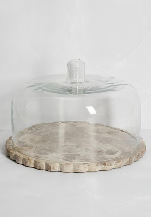 Scalloped Marble Cake Stand with Glass Dome - Natural