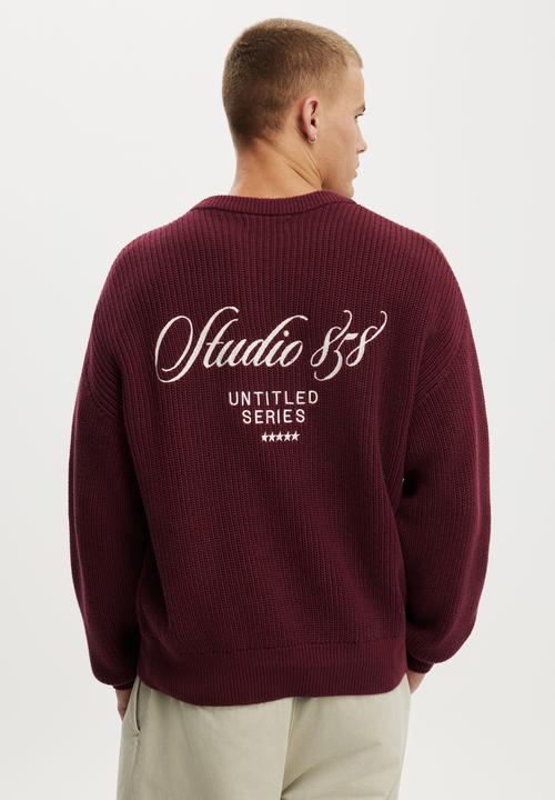 Cotton On - Box Fit Crew Knit - Plum Emb