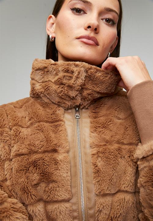 L/S Faux Fur Zip Through Jacket - Brown