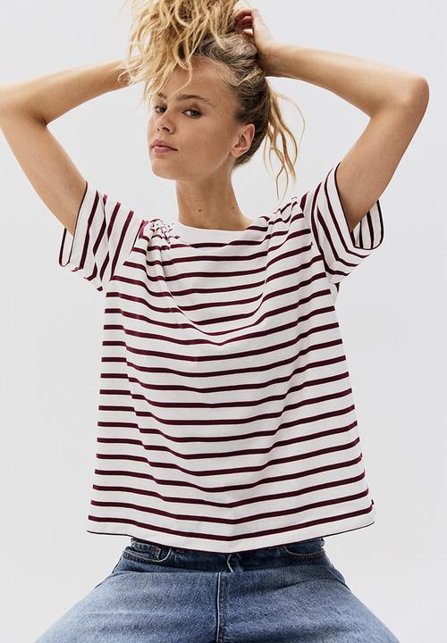 H&M - Cotton T-shirt - white/burgundy striped