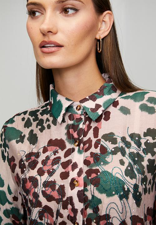 Stella Morgan - Long sleeve  Button Through Sheer Printed Blouse  Teal