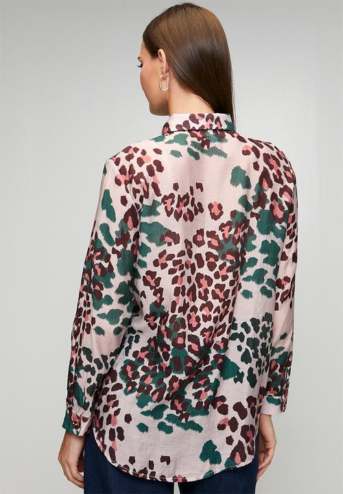 Stella Morgan - Long sleeve  Button Through Sheer Printed Blouse  Teal