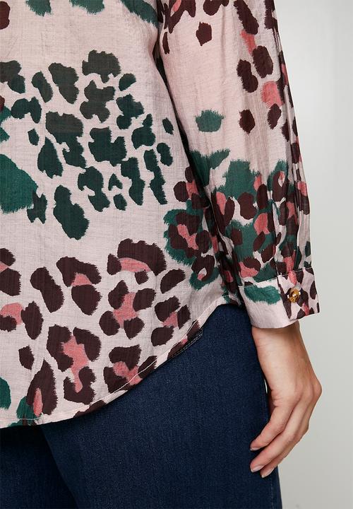 Stella Morgan - Long sleeve  Button Through Sheer Printed Blouse  Teal
