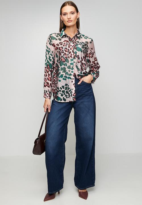 Stella Morgan - Long sleeve  Button Through Sheer Printed Blouse  Teal