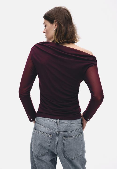 H&M - One-shoulder mesh top - dark plum purple