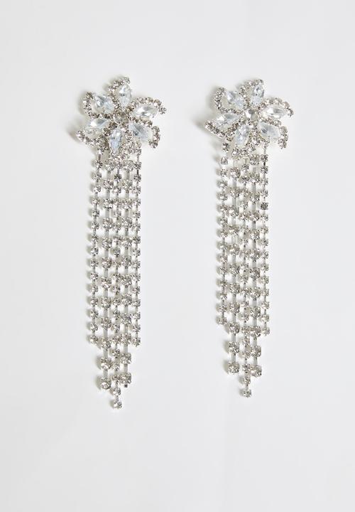Tessa Design - Elowen Floral Diamante Chandlier Earrings - Silver
