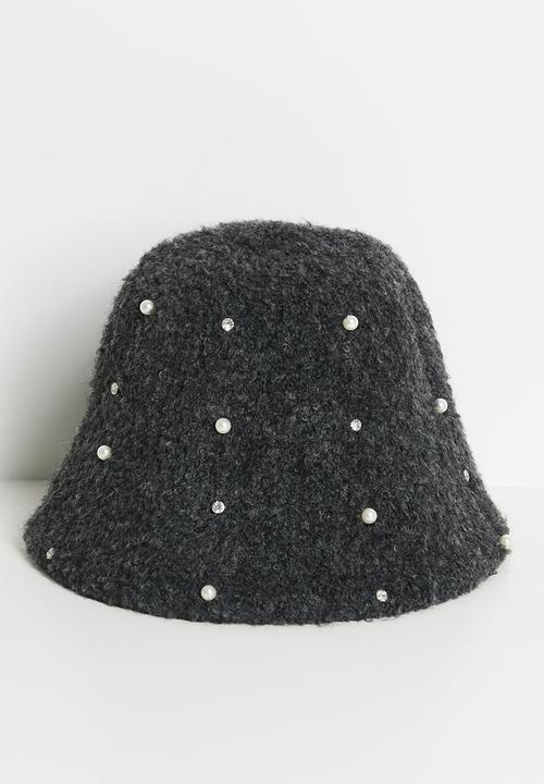 Tessa Design - Charmaine Pearl Diamante Fluffy Bucket Hat - Charcoal
