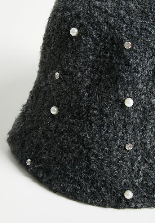 Tessa Design - Charmaine Pearl Diamante Fluffy Bucket Hat - Charcoal