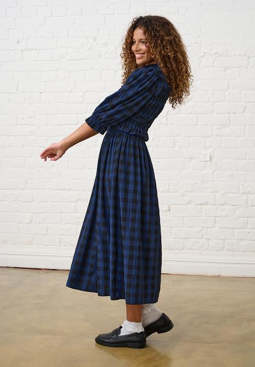 Me&B - Gingham Shirred Midi Dress - Navy/Black