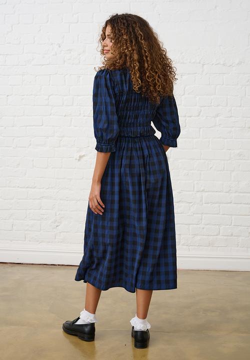 Me&B - Gingham Shirred Midi Dress - Navy/Black