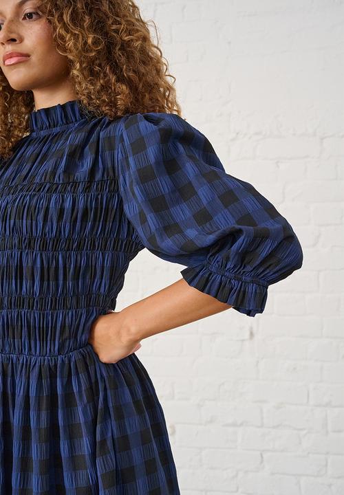 Me&B - Gingham Shirred Midi Dress - Navy/Black