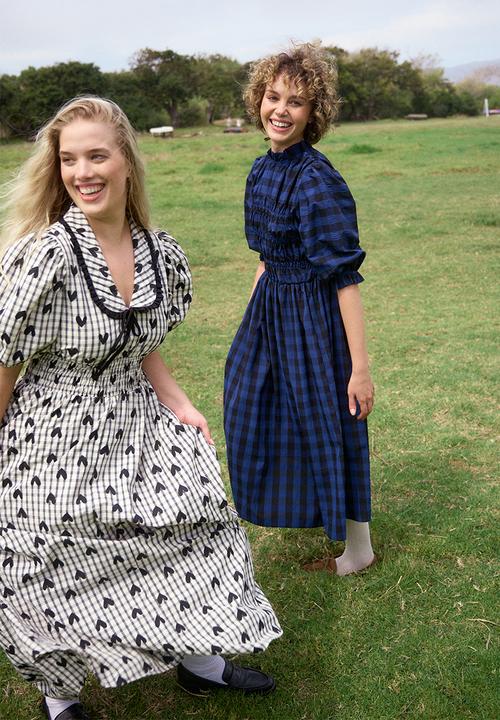 Me&B - Gingham Shirred Midi Dress - Navy/Black