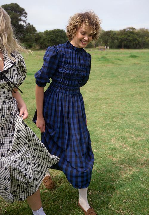 Me&B - Gingham Shirred Midi Dress - Navy/Black