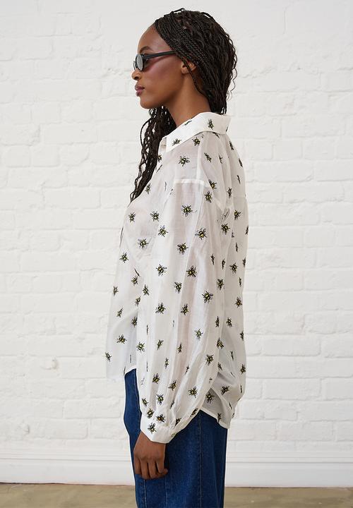 Me&B - Embroidered Bee Bellow Sleeve Shirt - Yellow