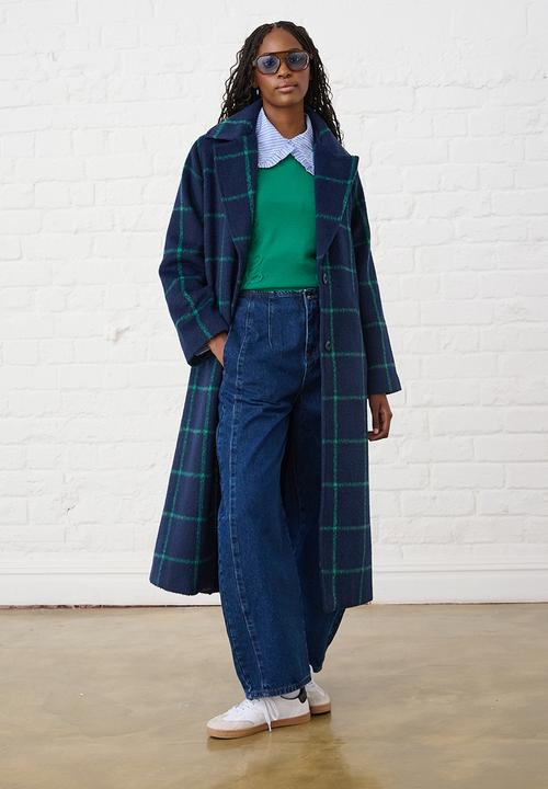 Me&B - Melton Coat Grid- Ink/Green