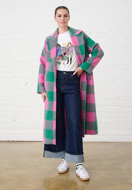 Me&B - Melton Coat Check - Pink/Green