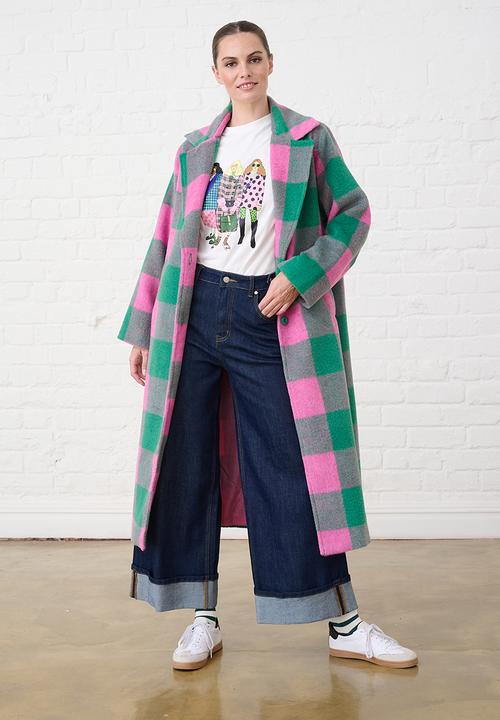 Me&B - Melton Coat Check - Pink/Green