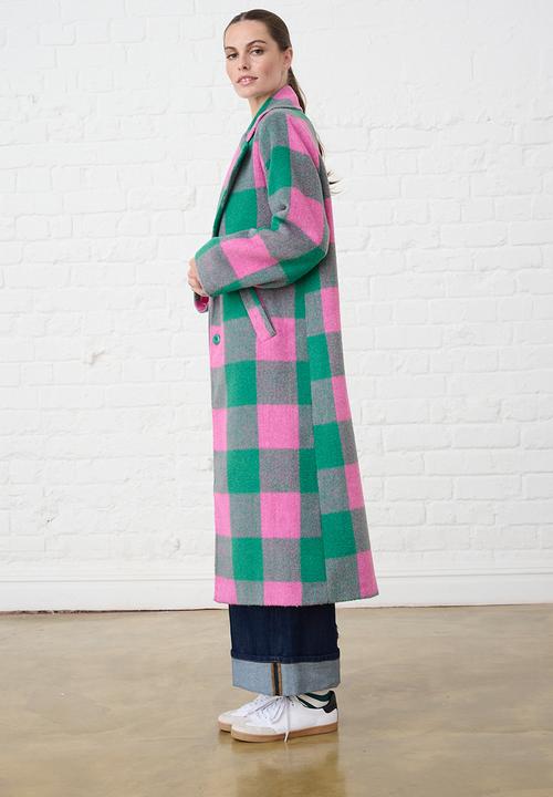 Me&B - Melton Coat Check - Pink/Green