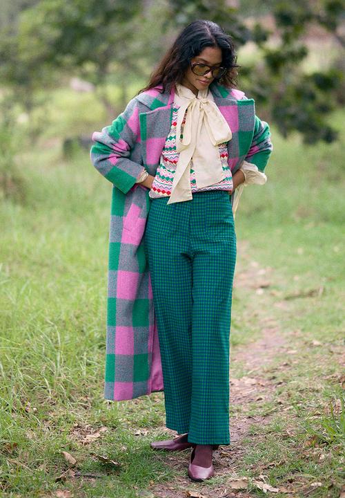 Me&B - Melton Coat Check - Pink/Green