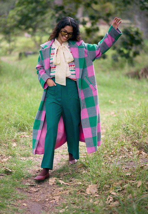 Me&B - Melton Coat Check - Pink/Green