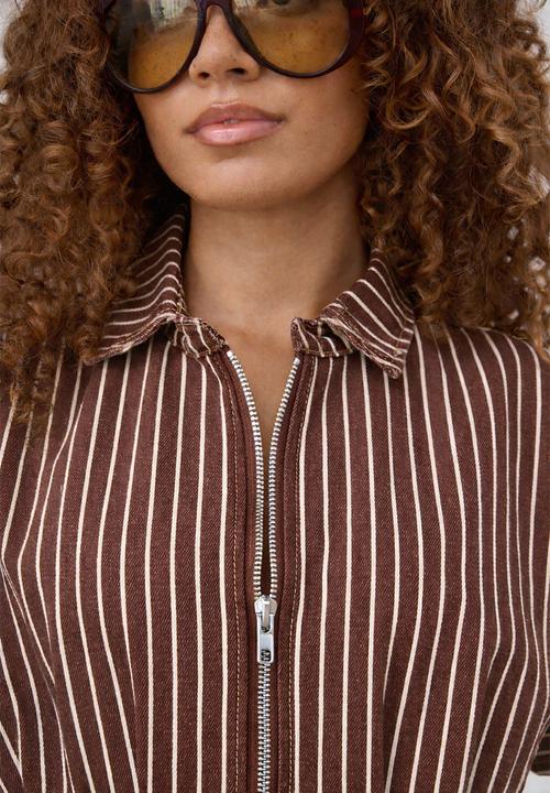 Me&B - Zip Front  Stripe Denim Shirt Dress - Choc