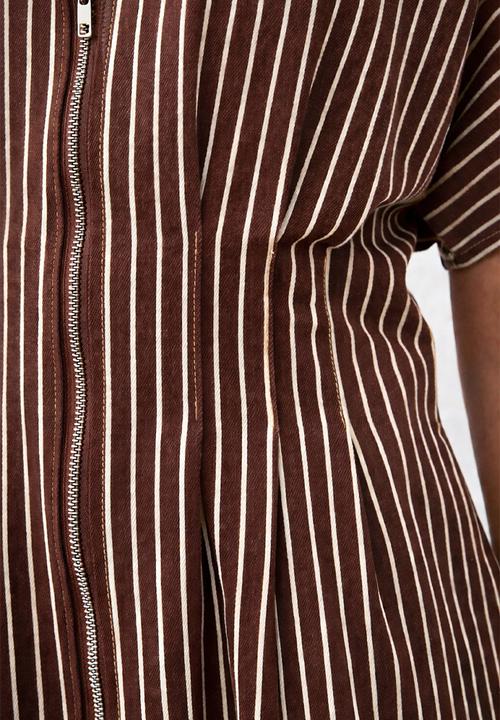 Me&B - Zip Front  Stripe Denim Shirt Dress - Choc