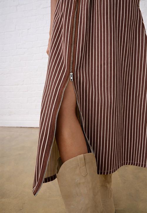 Me&B - Zip Front  Stripe Denim Shirt Dress - Choc