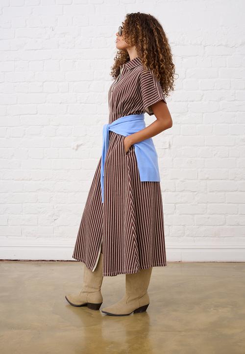 Me&B - Zip Front  Stripe Denim Shirt Dress - Choc