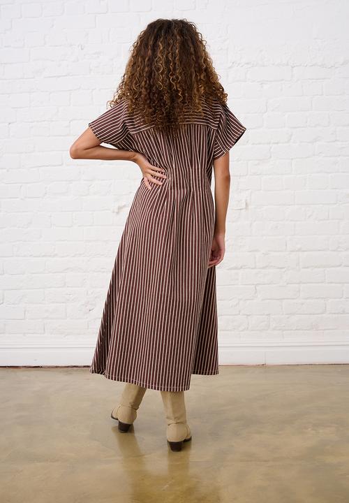 Me&B - Zip Front  Stripe Denim Shirt Dress - Choc