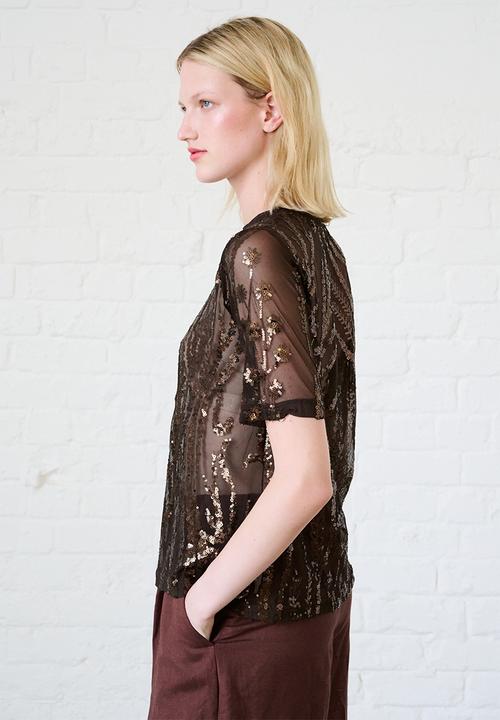Me&B - Mesh Sequin Top - Chocolate