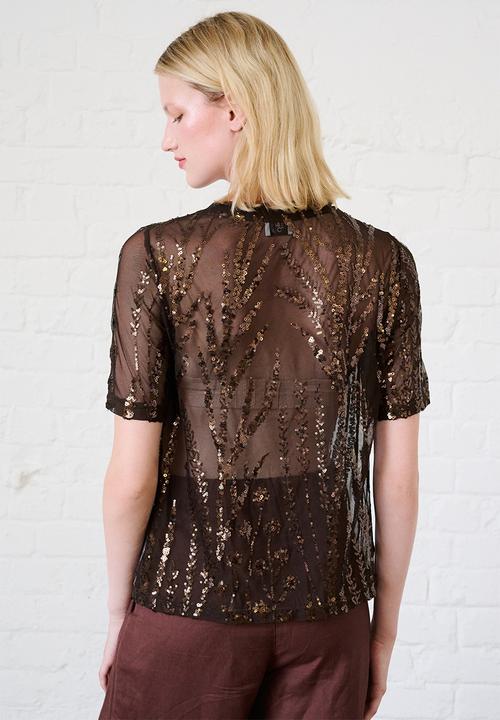 Me&B - Mesh Sequin Top - Chocolate