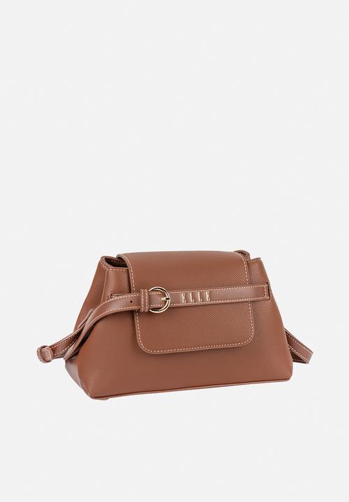 Elle - Belt Buckle Flapover Sling - Brown