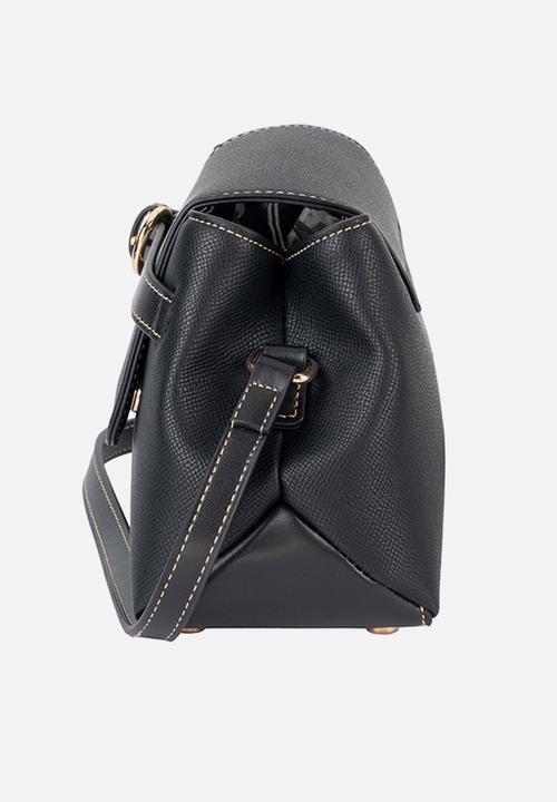 Elle - Belt Buckle Flapover Sling - Black