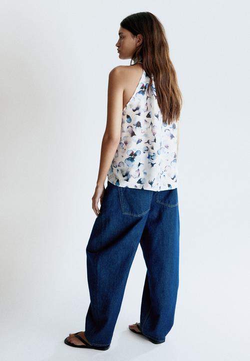 H&M - Draped-collar top - white/blue floral