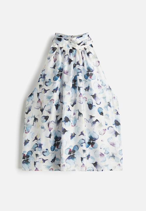 H&M - Draped-collar top - white/blue floral