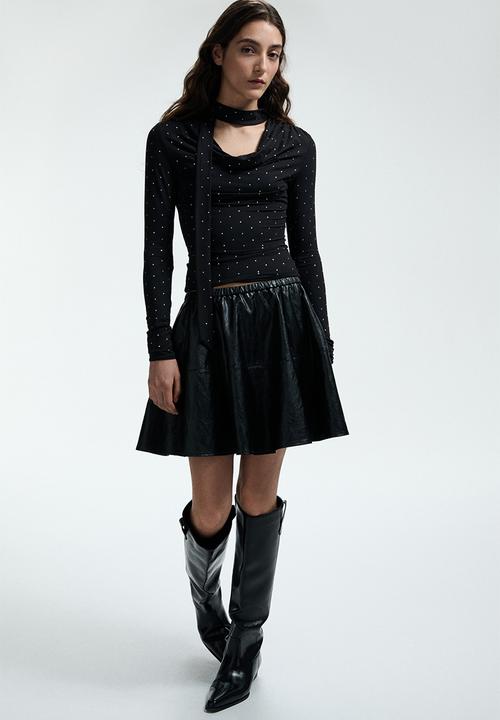 H&M - Scarf-detail top - black/spotted