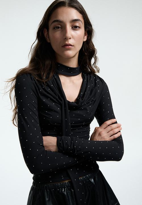 H&M - Scarf-detail top - black/spotted
