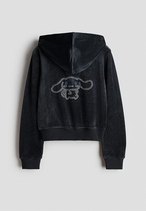 H&M - 2-piece embroidery-detail velour set - dark grey/cinnamoroll