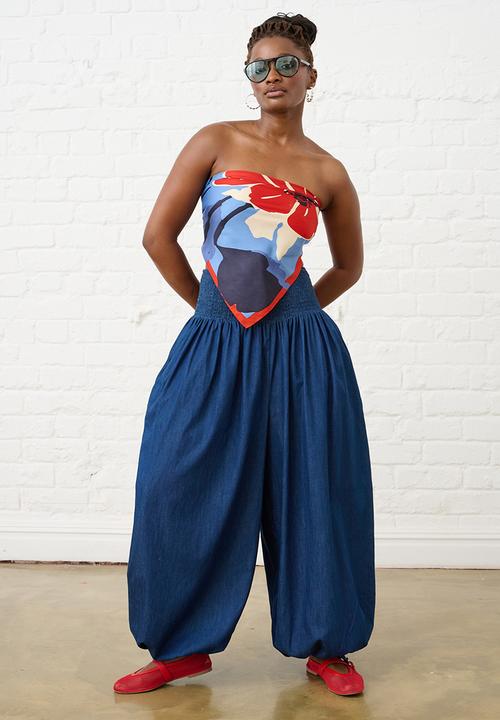 Me&B - Balloon Drawstring Denim Pants - Blue