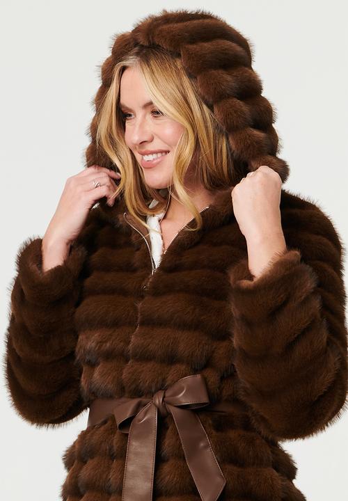 Stella Morgan - L/S Faux Fur Jacket With Pleather Belt Detail - Brown