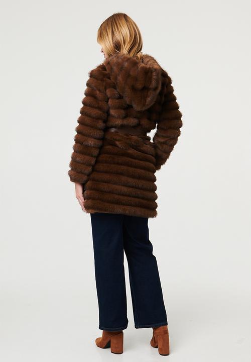 Stella Morgan - L/S Faux Fur Jacket With Pleather Belt Detail - Brown