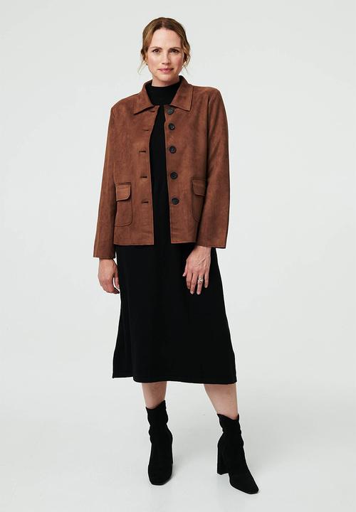 Izabel London - L/S Button Through Faux Suede Short Length Jacket - Brown