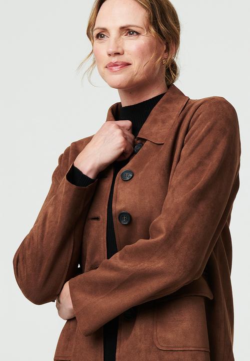 Izabel London - L/S Button Through Faux Suede Short Length Jacket - Brown