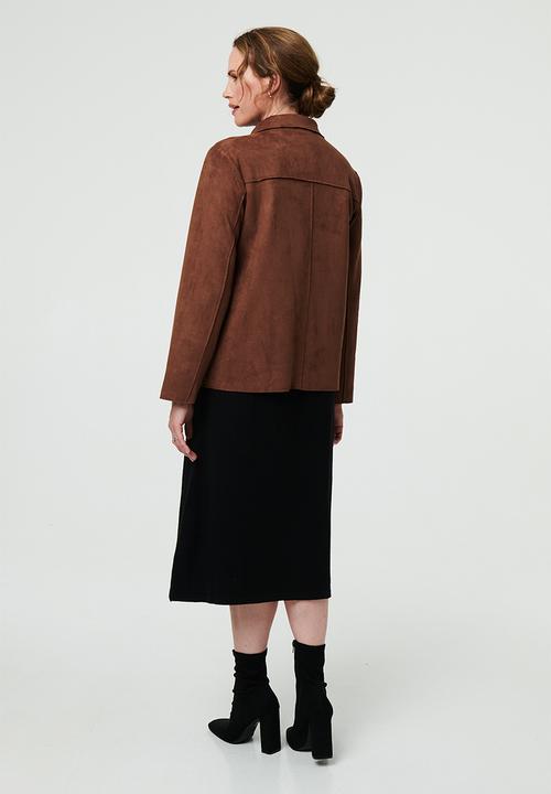 Izabel London - L/S Button Through Faux Suede Short Length Jacket - Brown