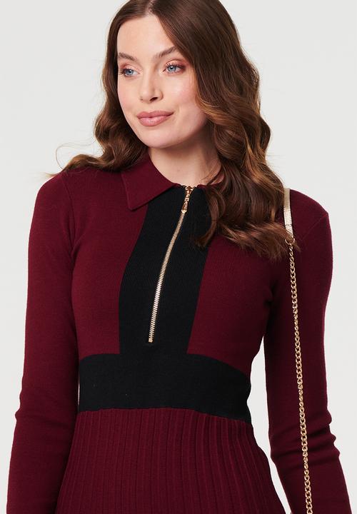 L/S Knitted Dress With Zip Placket Contrast Detail With Pleated Skirt -  Multi Wine